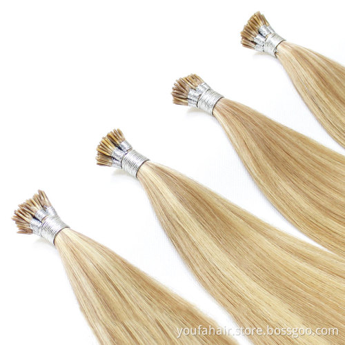 Wholesale 10A Russian Ombre I Tip Human Remy Raw Hair Blonde Brown I Tip Double Drawn Keratin Pre Bonded Fusion Hair Extensions
